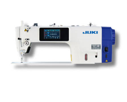 A Juki industrial sewing machine with a white body, blue accents, and a central digital display screen, shown against a plain white background.